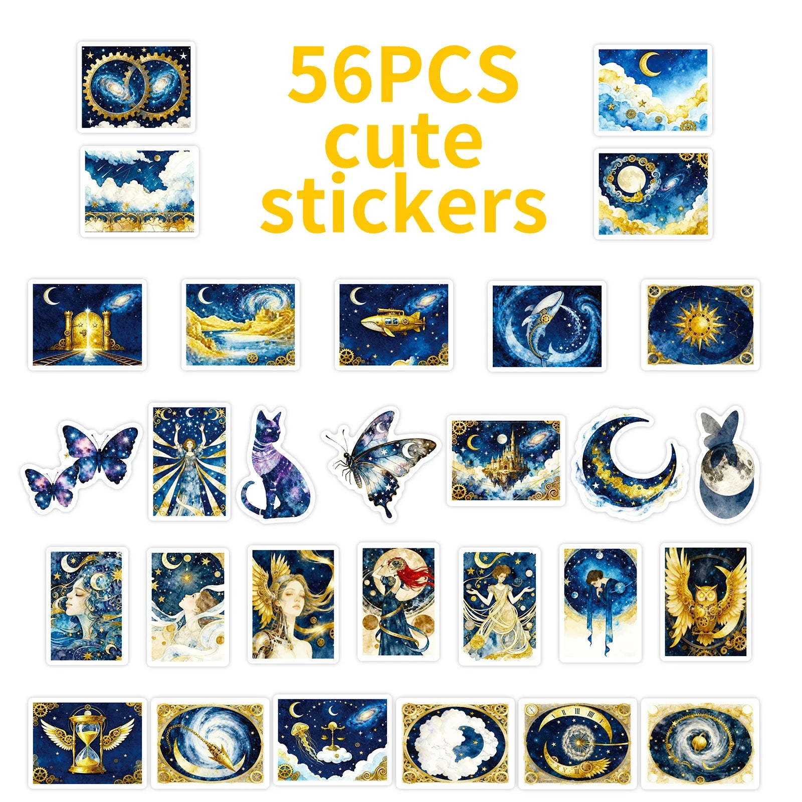56PCS Dreamy Galaxy Blue Gold Stickers, Phone Tablet Student Stationery Creative Fantasy Decorative Waterproof Art Sticker