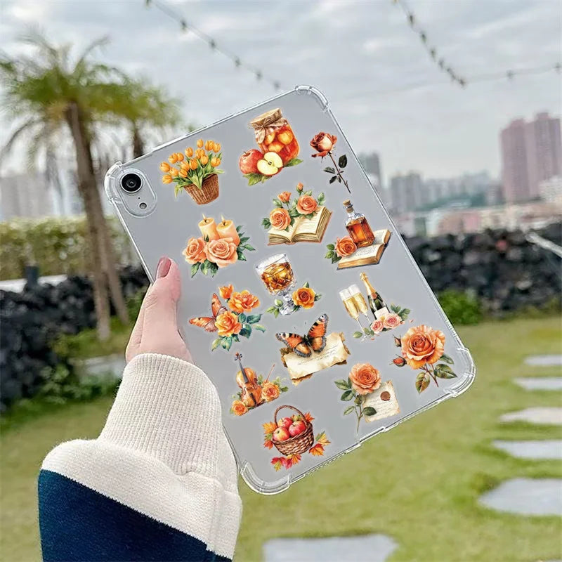 50PCS Kawaii Orange Rose Sticky PVC Sticker Aesthetic Stationery DIY Decoration Scrapbooking Children's Supplies