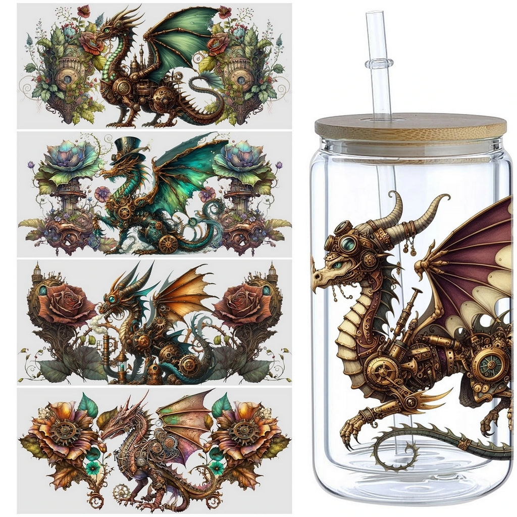5 sheets Steampunk UV DTF Cup Stickers, DTF Friction Transfer Stickers, Waterproof Cartoon Transfer Stickers for 16oz Glass Cups