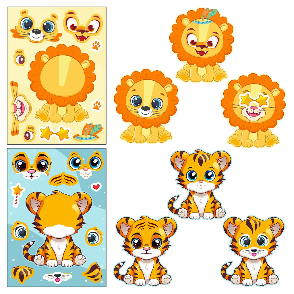 6Sheets Cute Cartonn DIY Puzzle Sticker Games Animals Make A Face Funny Assemble Stickers Decor