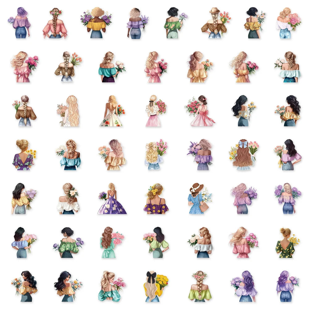 50PCS Flower Girl Cartoon Cute Decorative Transparent PET Sticker Set DIY Brochure Decorative Notebook Tablet Toy Stickers