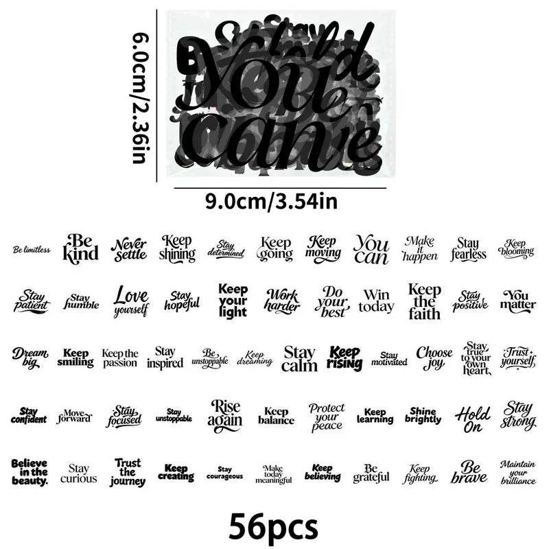 56PCS Black High-energy Word PET Sticky Sticker Aesthetic Tear Open DIY Decoration Scrapbooking Stationery Supplies for Kids