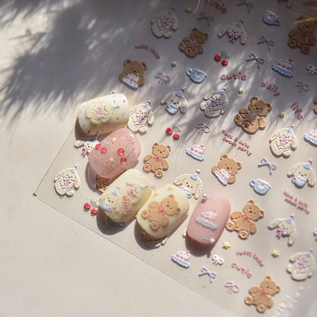1PCS 5D Embossed Nail Sticker Cute Gray Cake Teddy Bear Bow Cartoon Nail Art Stickers Self Adhesive Nails Decorations Decals DlY