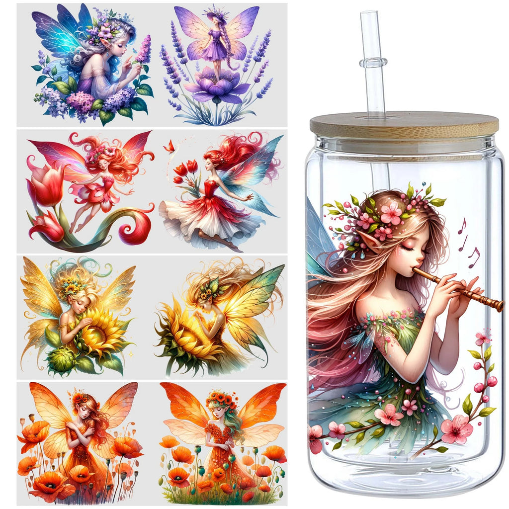 5 sheets fairy UV DTF cup packaging suitable for 16 oz glass, waterproof UV DTF stickers suitable for 16 oz glass