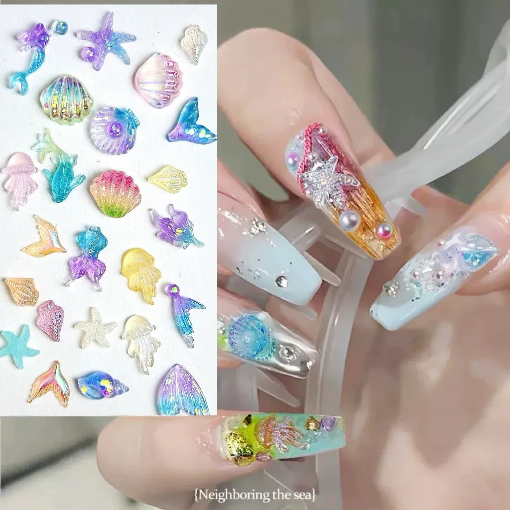 Ocean Series Accessories Nail Art 3D Resin Gradient Mermaid Dolphin Shell Starfish Nail Charms DIY 3D Iridescent Nail Decoration