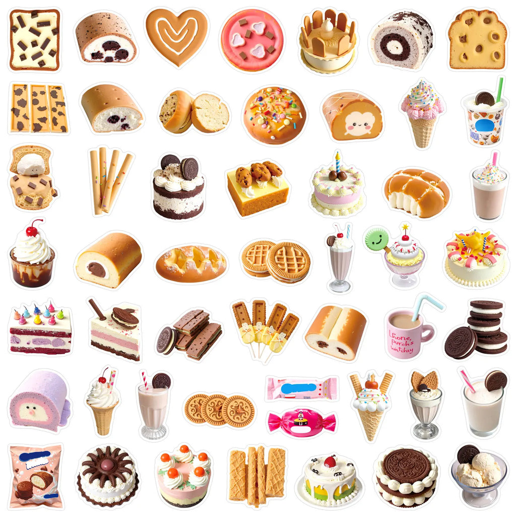 50-Pack Ins Style Food Dessert Waterproof DIY Graffiti Stickers for Desktop Water Cup Notebook Phone Tablet Luggage Decoration