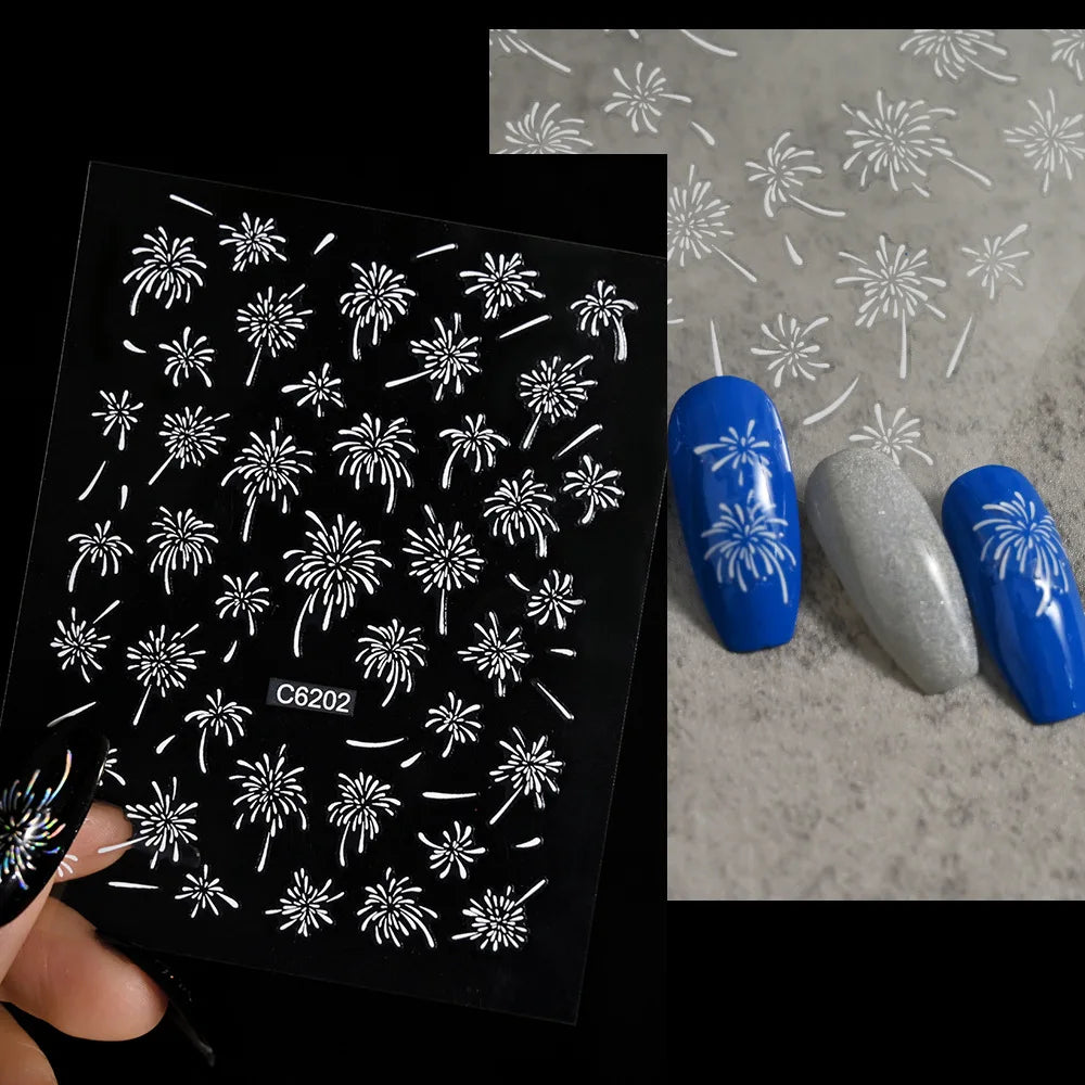 Laser Firework Nail Stickers 3D Self-Adhesive Blooming Fireworks Nail Art Decals New Year Firework Nail Decorations Slider 1pcs