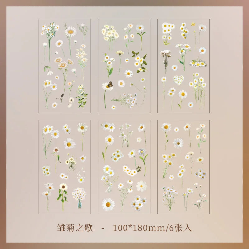 6pcs/pack Transparent PET Stickers Scrapbooking Materials DIY Junk Journal Collage Floral Leaves Plants Decor Stickers
