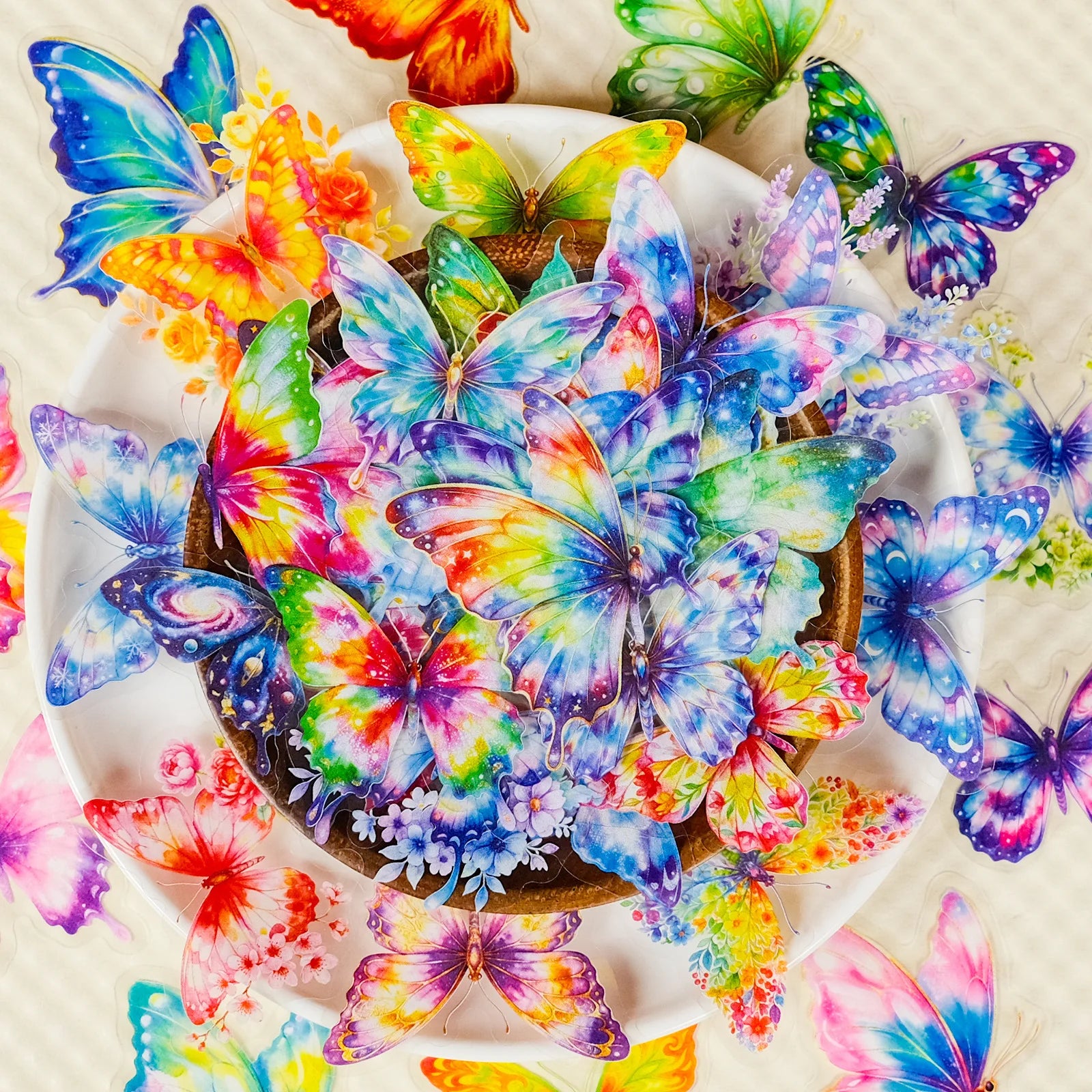 56PCS Watercolor Rainbow Butterfly PET Stickers, Dreamy Gradient Painted Insect Stationery Helmet Decorative Art Sticker