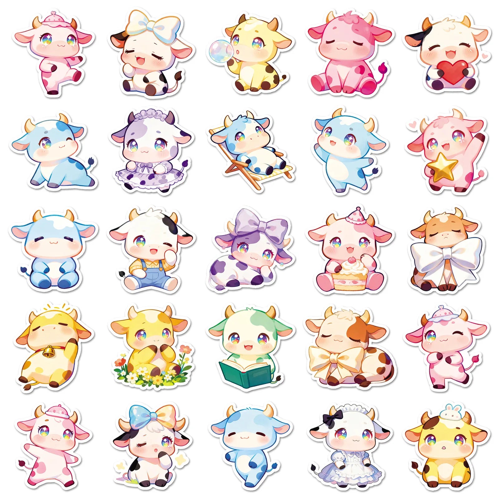 50-Pack Cute Colorful Cow Cartoon Animal Sticker Waterproof DIY Decor Stickers for Phone Case Insulated Mug Student Stationery