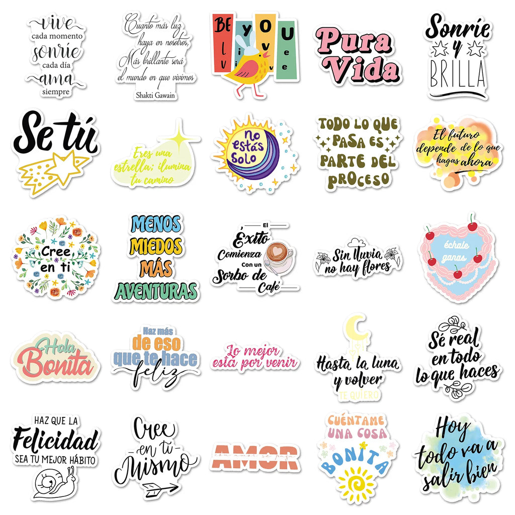 50/100PCS Inspirational Spanish Graffiti Stickers Text Phrases Decoration Phone Water Cup Stationery Notebook Stickers