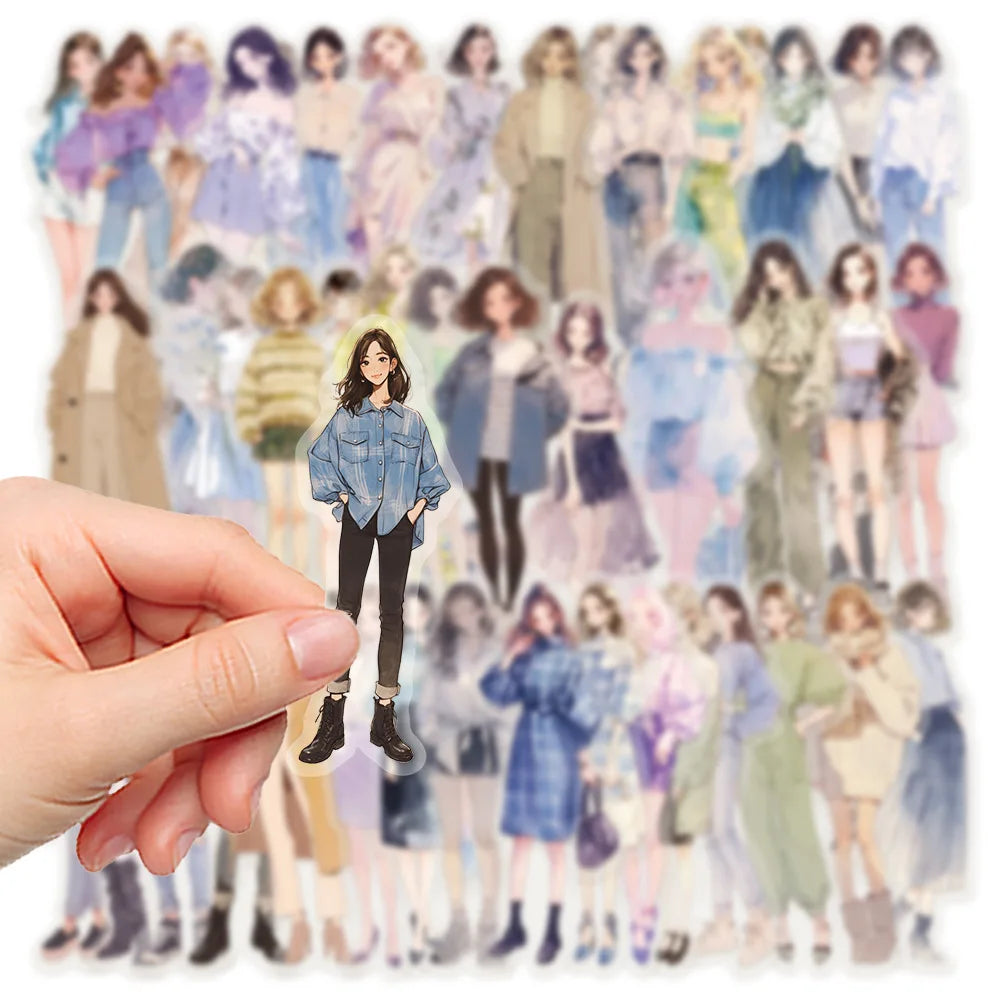 50Pcs Cartoon High Street Girl Wearing PET Material Transparent Stickers Water Cup Phone Case Guitar Fashion Decorative Stic