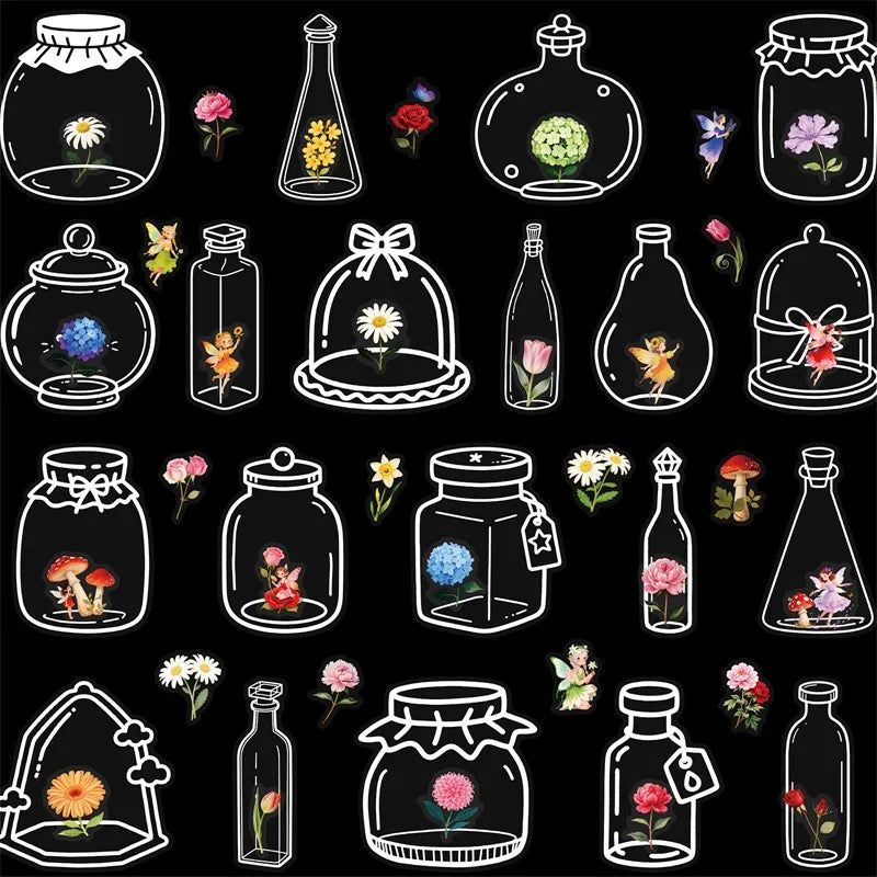 56PCS Kawaii Flower Bottle PET Sticky Sticker Aesthetic Tear Open DIY Decoration Scrapbooking School Stationery Supplies