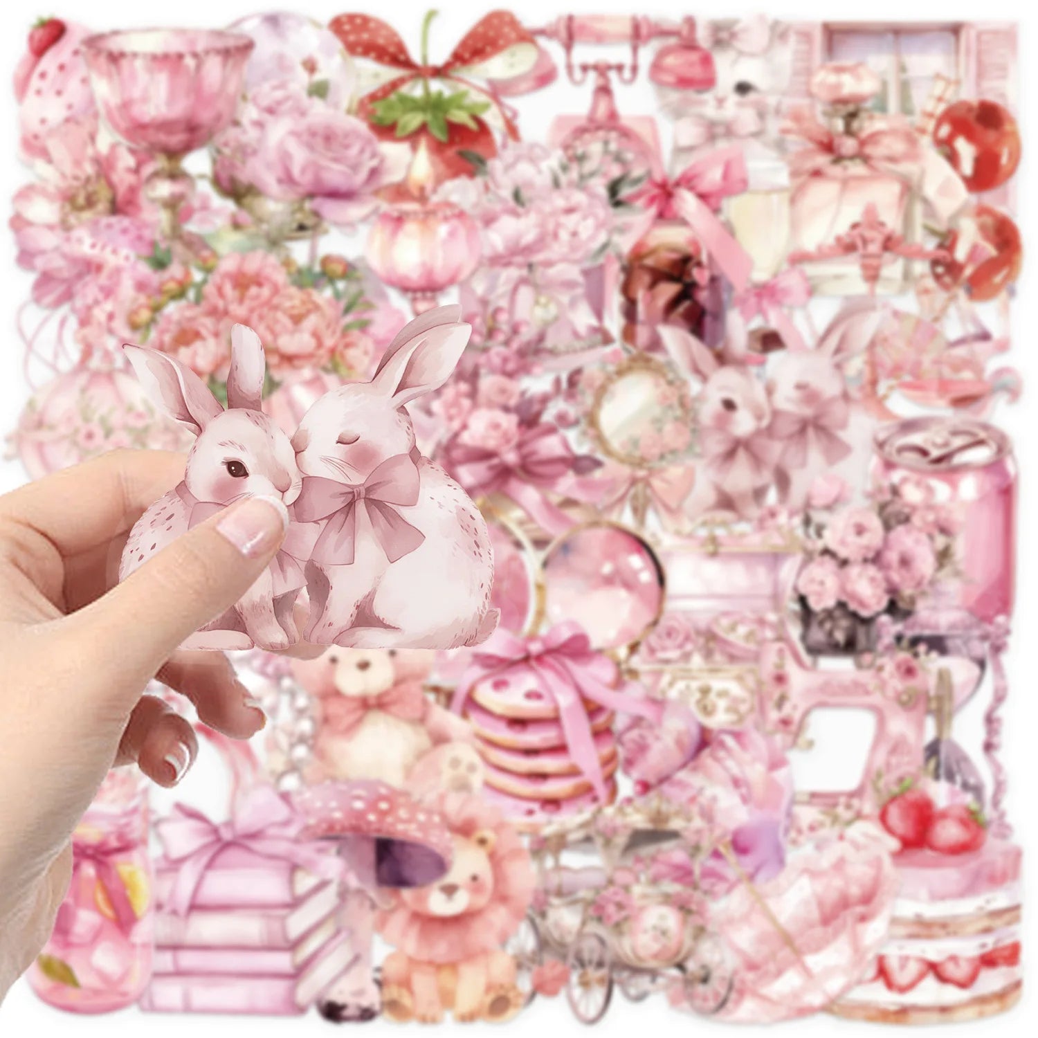 50Pcs Pink Fairy Tale Sticker Pack Transparent PET Phone Case Back Decor ,DIY Scrapbook, Journaling, Laptop, Bumper, Skateboard
