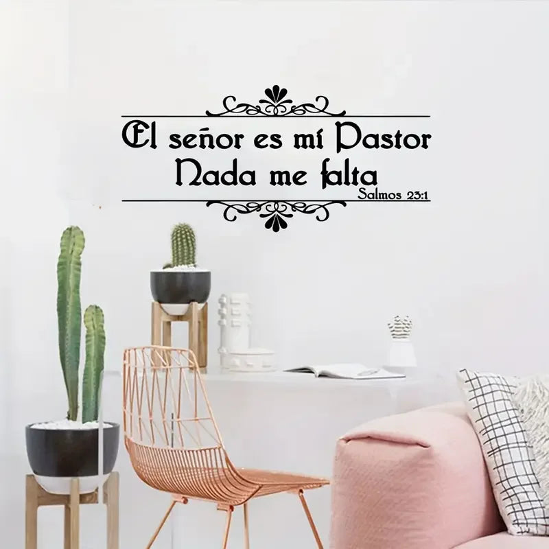 1pc Spanish Psalm 23:1 Bible Verse Wall Decal - Contemporary Black Script with Floral Swirls, Self-Adhesive PVC Christian Religi