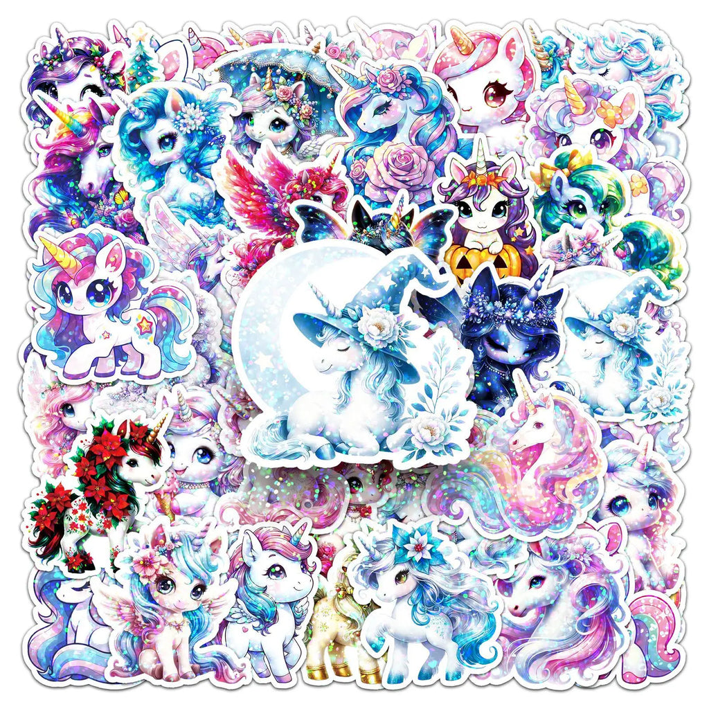 50/100PCS Rainbow Horse Flash Film Laser Stickers Unicorn Cute Cartoon Animal Waterproof Computer Stationery Stickers