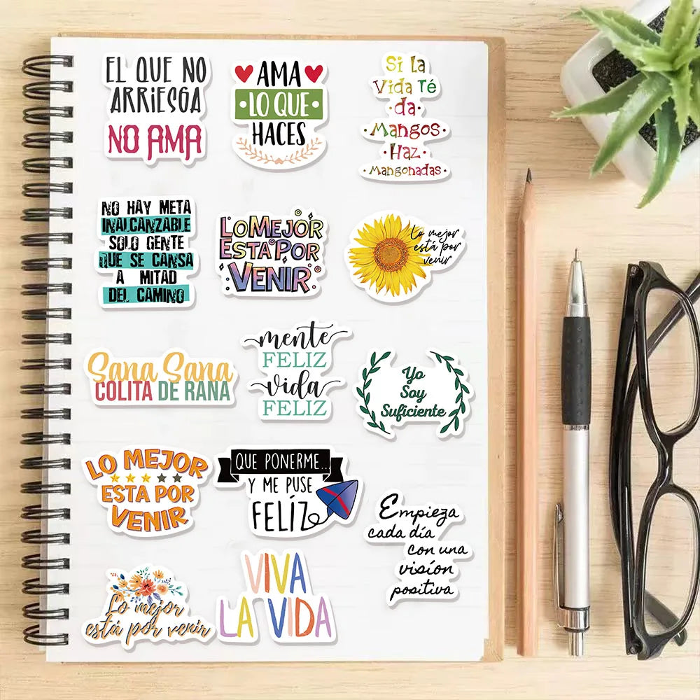 55PCS Inspirational Spanish Handmade DIY Phone Cases Laptops Water Bottles Refrigerators Desktop Labels Waterproof Stickers