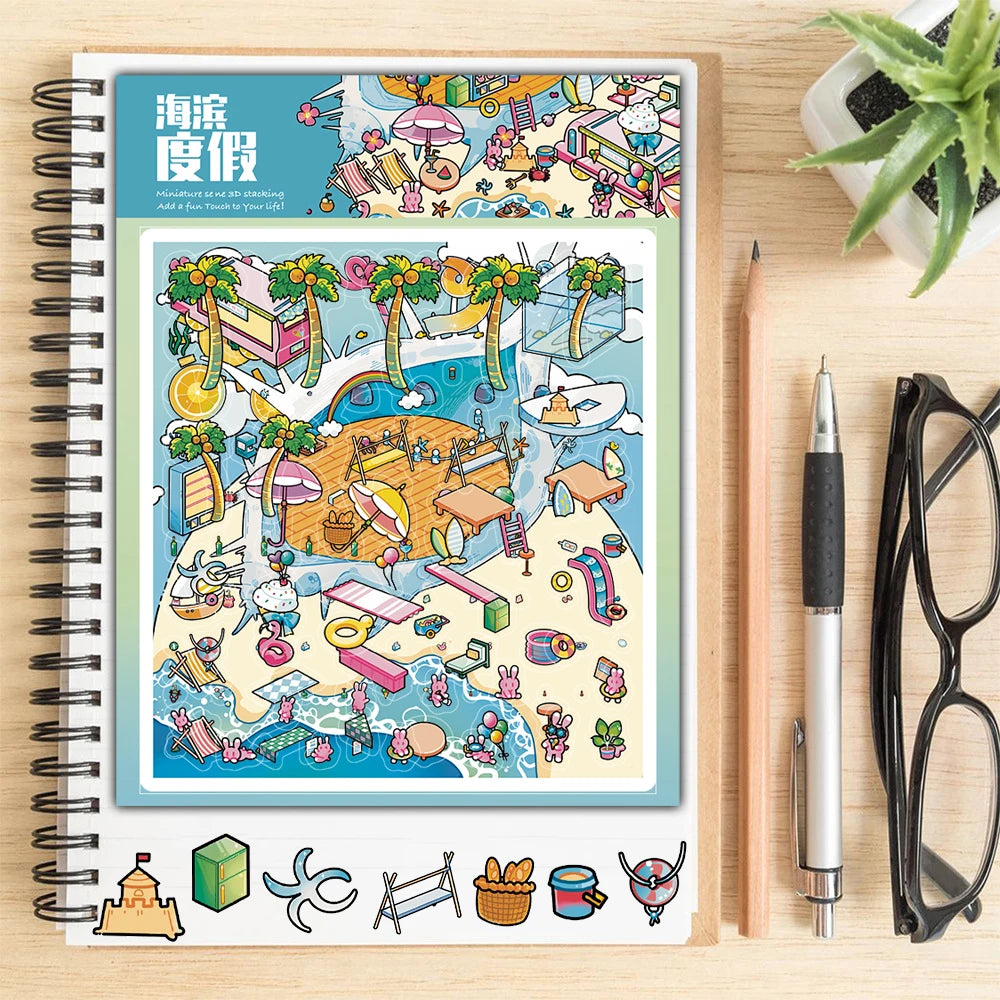 3PCS Seaside Vacation Landscaping Sticker Nostalgia Coffee Laptop Miniature Landscape Stickers Decompression Puzzle Painting