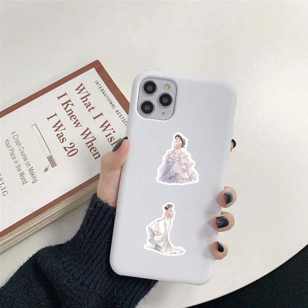 50/100 Pcs Cute Bride in Wedding Dress Stickers for Cup Wardrobe Fridge Stationery Box Guitar Piano Lunch Box Reward Decals