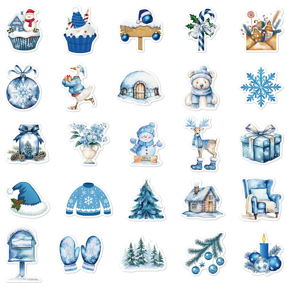 50/100PCS Blue Winter Stickers Scrapbooking Laptop Graffiti Room Community Diary Y2k Fashion Phone Fun Christmas Sticker