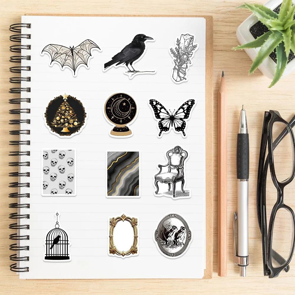 50/100PCS Black & Gold Gothic Original Stickers DIY Decoration Guitar Luggage Notebook Waterproof Stationery Stickers