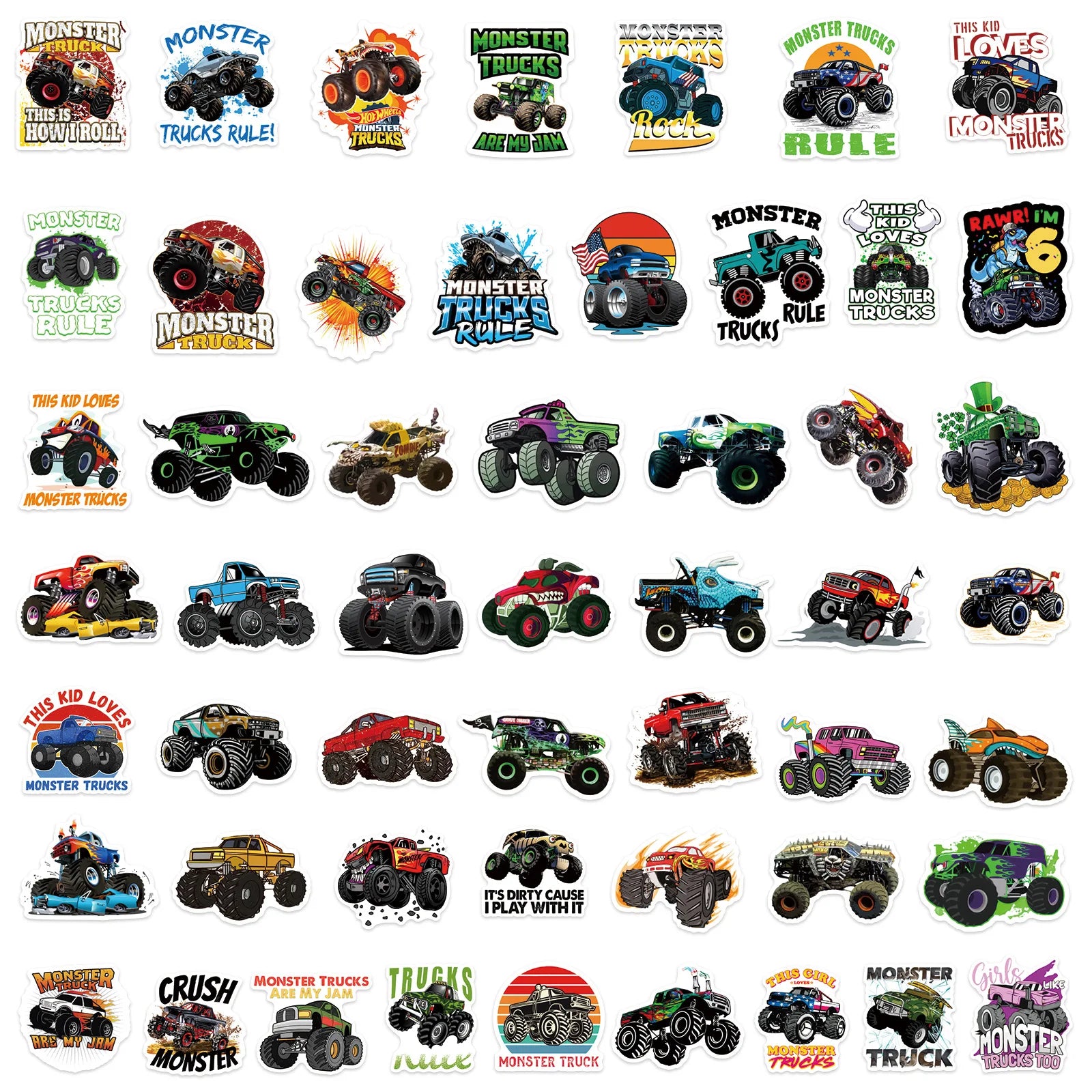 50PCS Monster Trucks Rule Graffiti Sticker Motorcycle Helmet Skateboard Toy Car Water Bottles Travel Case Laptop Waterproof Stic