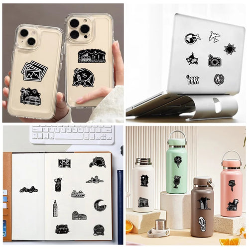 10/30/50PCS Black White Travel PVC Sticky Sticker Aesthetic DIY Children's Decoration Scrapbooking School Supplies