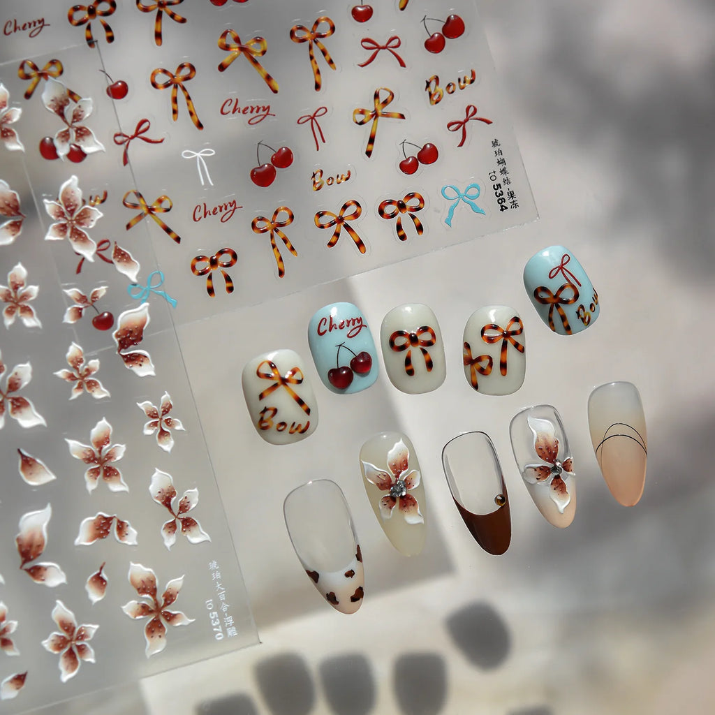 Autumn Winter Red Bows Nail Stickers 5D Jelly Amber Bows Cheery Self Adhesive Nail Art Stickers DIY Manicure Decorations Decals