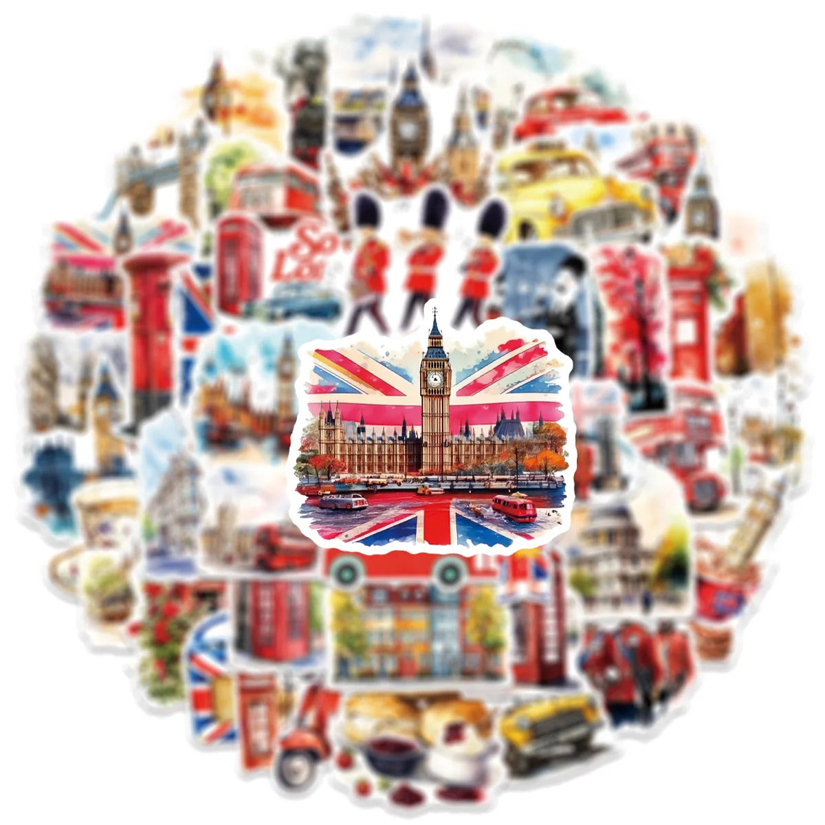 50-Pack Watercolor London Scene Stickers Students Guitar Notebook Luggage DIY Waterproof Decals