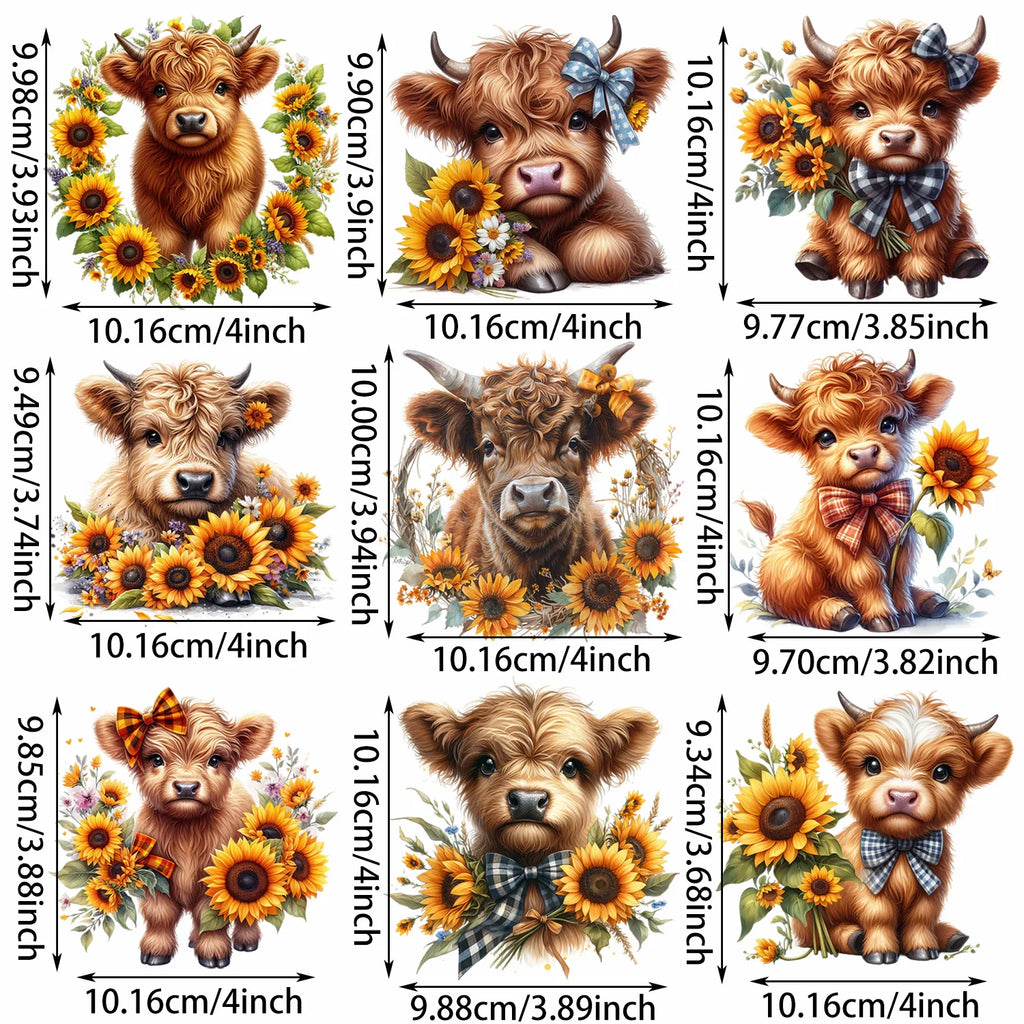 9 sheets Highland Cattle Animal Theme Iron-On Decals T-Shirt Heat Transfers for DIY, Funny, Sunflower, T-shirts, Masks, Jeans