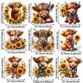 9 sheets Highland Cattle Animal Theme Iron-On Decals T-Shirt Heat Transfers for DIY, Funny, Sunflower, T-shirts, Masks, Jeans