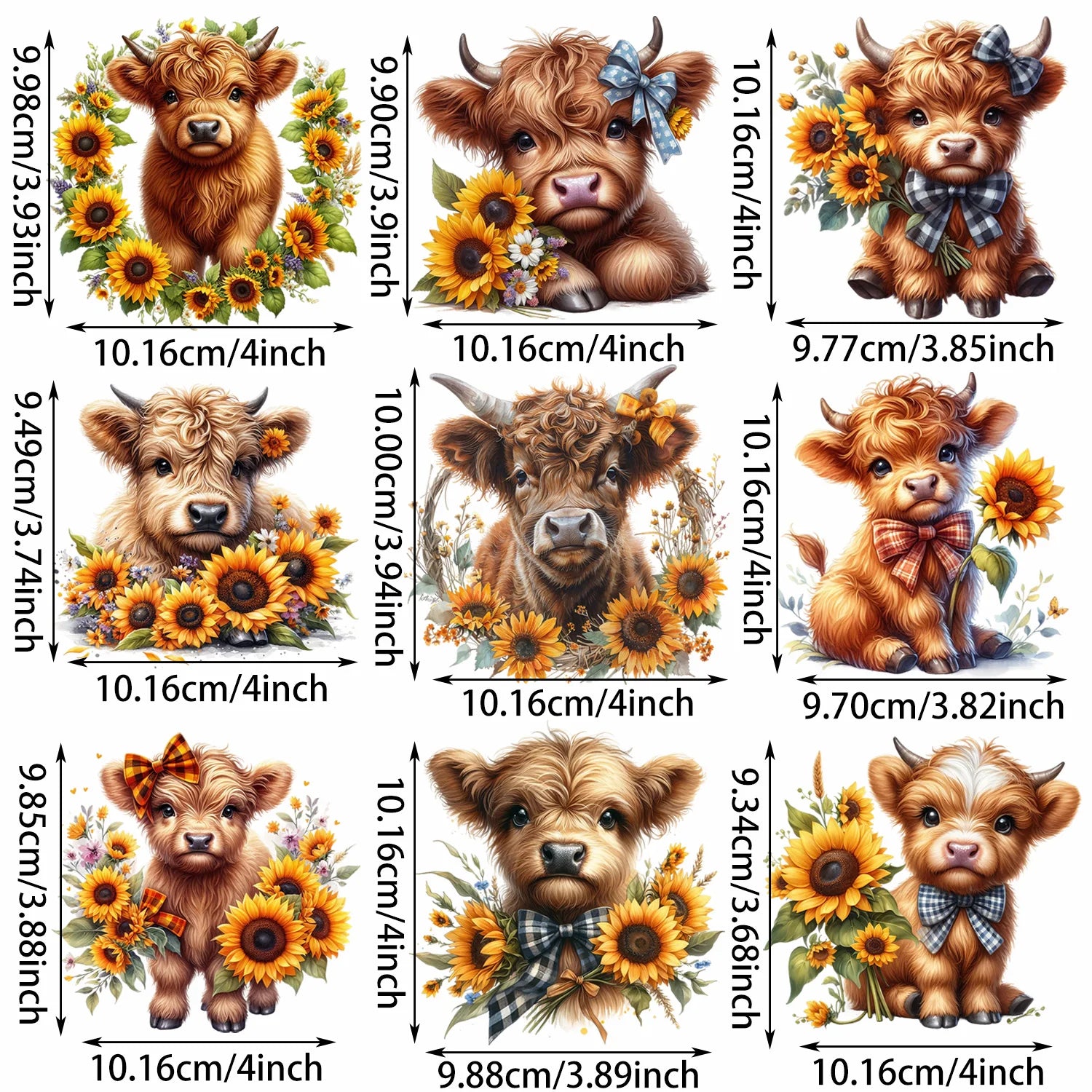 9 sheets Highland Cattle Animal Theme Iron-On Decals T-Shirt Heat Transfers for DIY, Funny, Sunflower, T-shirts, Masks, Jeans
