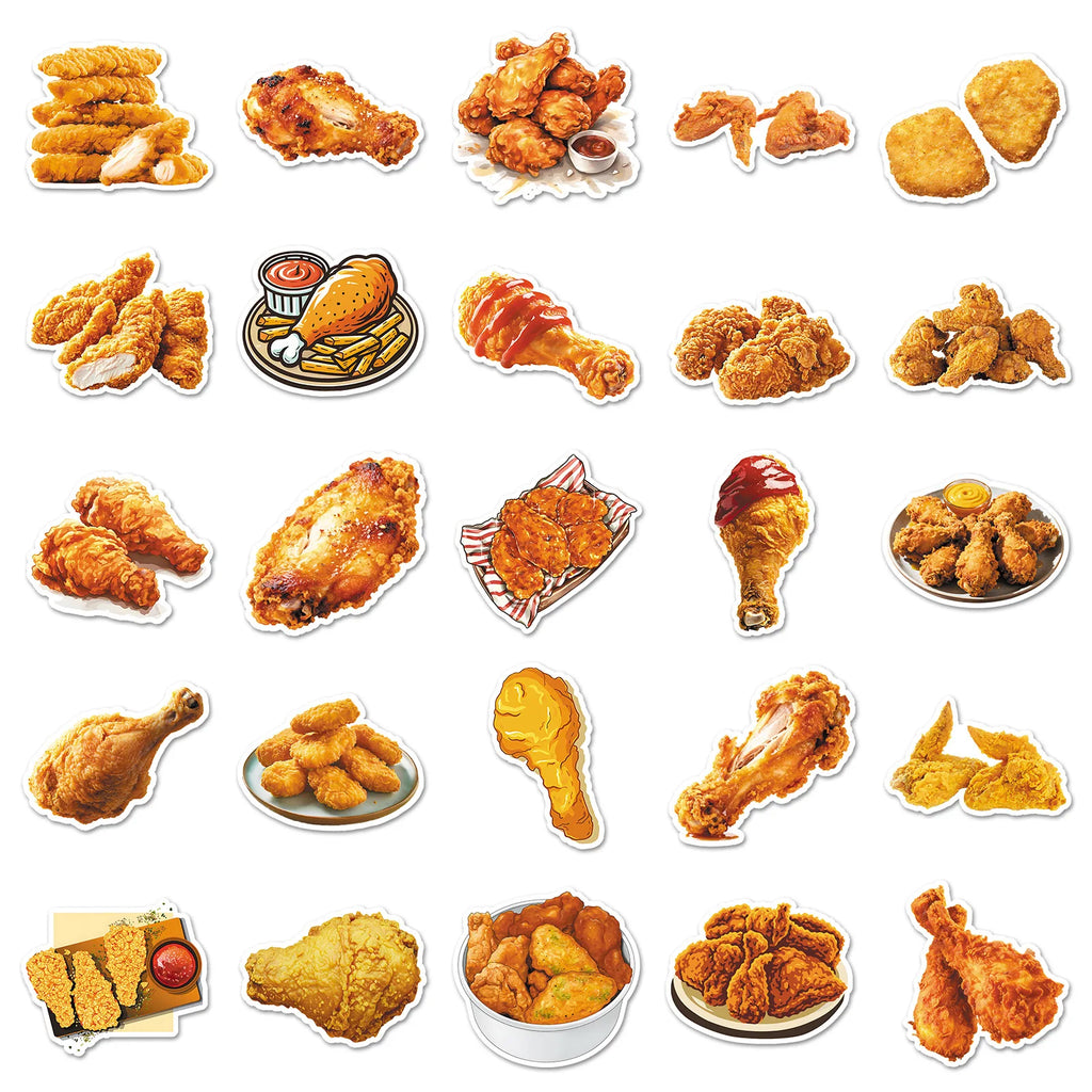 50-Pack Waterproof Fried Chicken Food Graffiti Stickers for Phone Tablet Helmet Guitar Skateboard Luggage Decoration