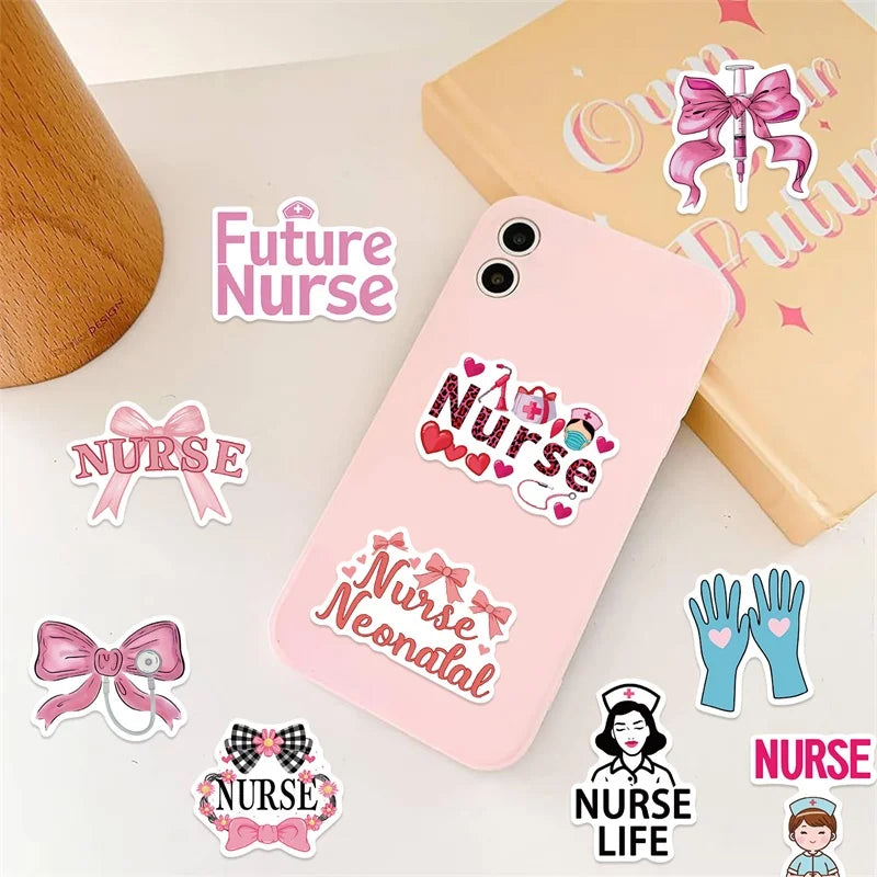 10/30/50PCS Cute Bow Tie Nurse Sticky PVC Sticker Aesthetic Stationery DIY Decoration Scrapbooking School Supplies for Kids