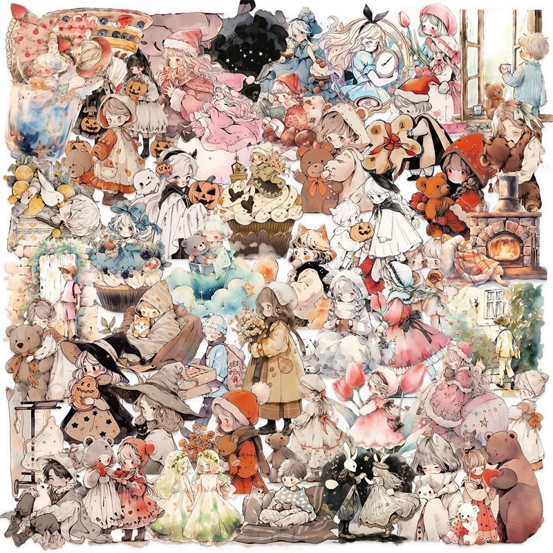 52PCS Cute Watercolor Fairy Tale PET Sticky Sticker Aesthetic Tear Open DIY Decoration Scrapbooking Sketchbook Supplies for Kids