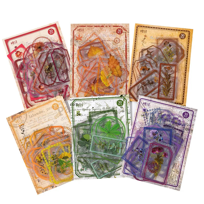Mist Flower Series 30PCS PET Sticker Pack Light Retro Plant Frame DIY Decorative Stationery Notebook Stickers -6 Styles