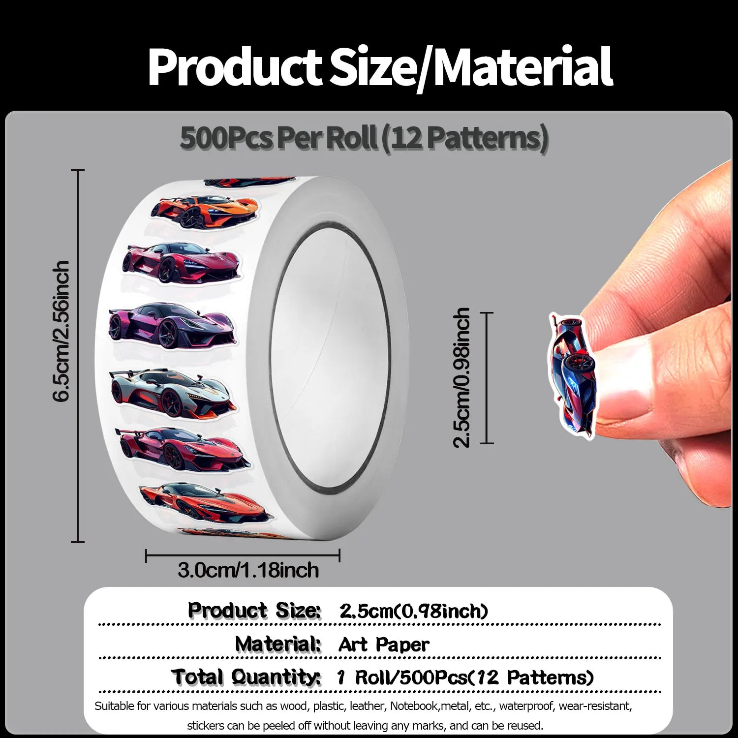 1Roll(500Pcs)12 Irregular Cartoon Supercars Stickers 2.5cm/1'' DlY Craft Decoration Festival Sealing Gifts Scrapbook Labels