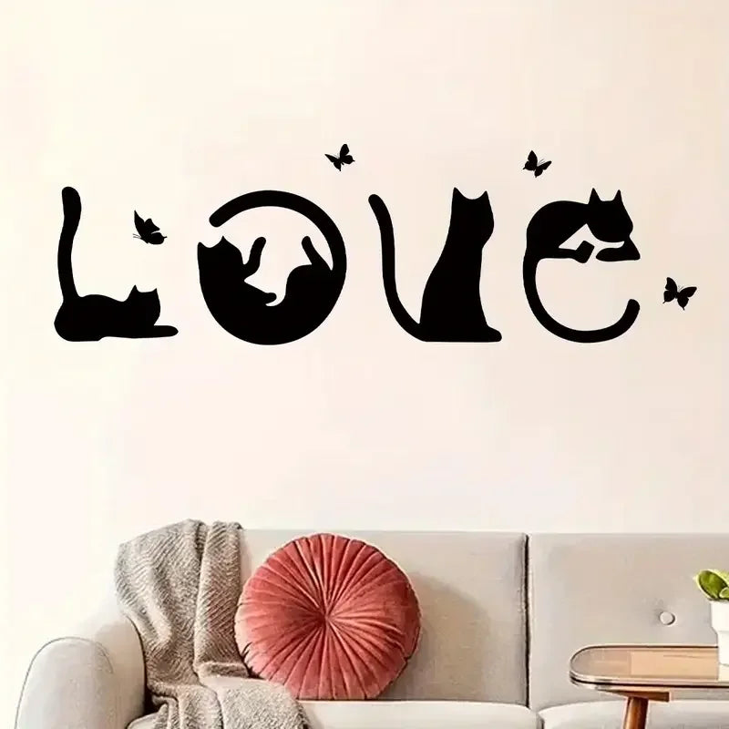 One Piece of Amusing And Adorable Wall Decals Featuring a Black Cat And a Butterfly Silhouette with The Word 'Love', Suitable fo