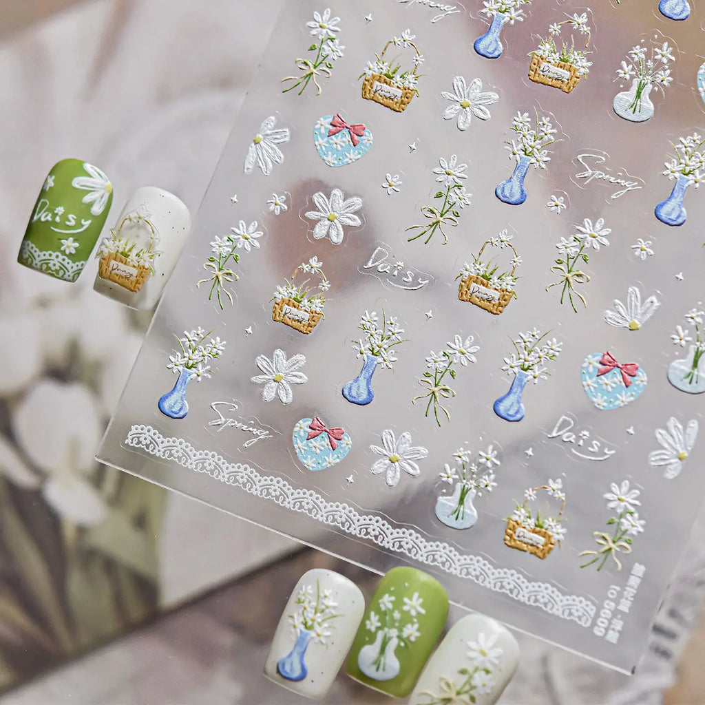 Spring Flowers Nail Charms Stickers 5D Semi-transparent Rose Daisy Flowers Self Adhesive Manicure Decorations Sticker Decals DIY