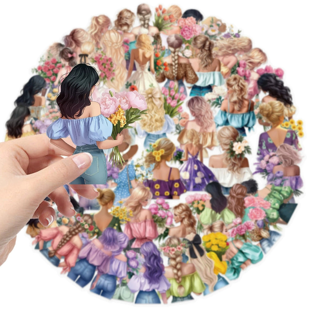 50/100PCS Colorful Flower Girl Sticker Pack Waterproof Transparent PET Decorative Guitar Notebook