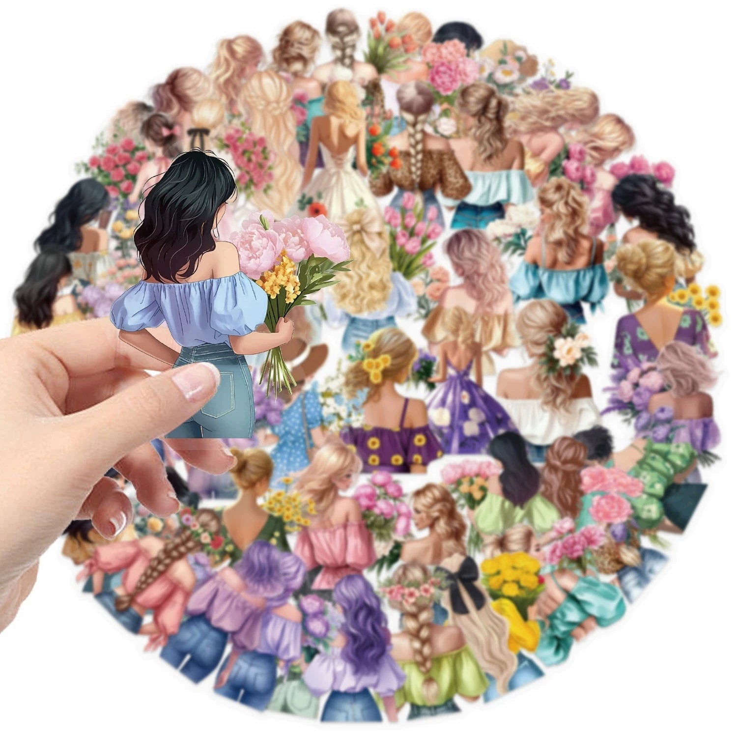 50/100PCS Colorful Flower Girl Sticker Pack Waterproof Transparent PET Decorative Guitar Notebook