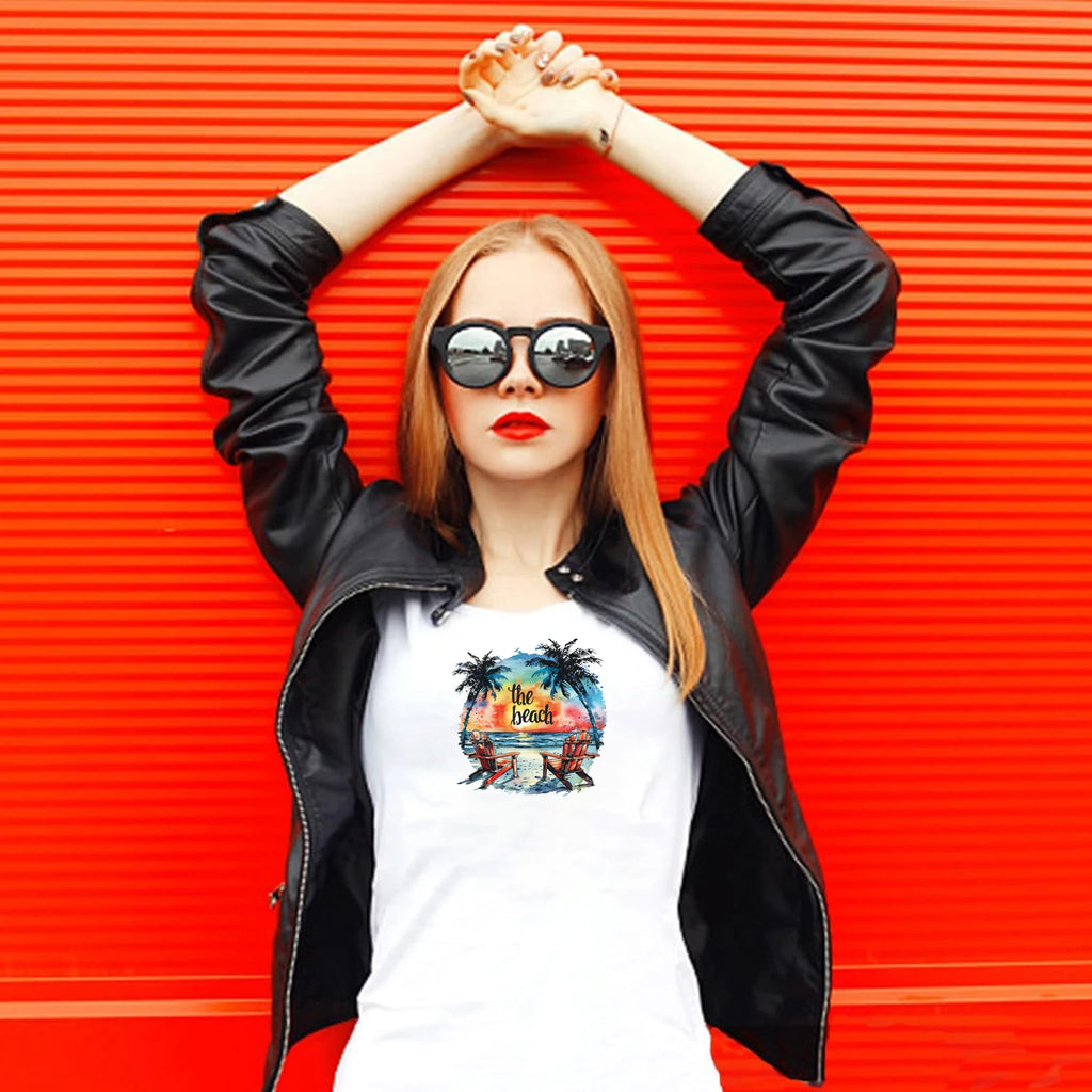 9 sheets Summer Beach Sunset Series DIY Theme Iron-on Applique Patches Colorful Theme Heat Transfer DIY Clothing, T-shirts