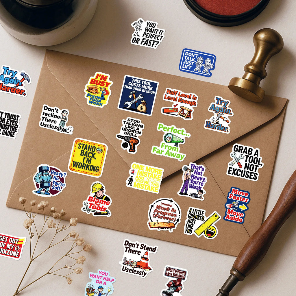 56PCS Construction Site Fun Quote Stickers, Safety Humor Decals Student Notebook Fridge Creative Aesthetic Decal Sticker