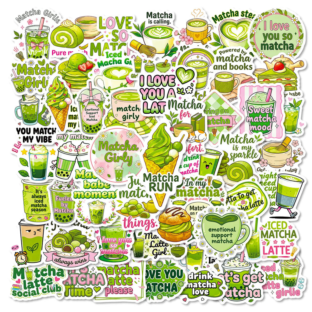 56PCS Matcha Style Cute Stickers Fun Phrase Decals Student Stationery DIY Phone Tablet Luggage Decor Aesthetic Decal Sticker