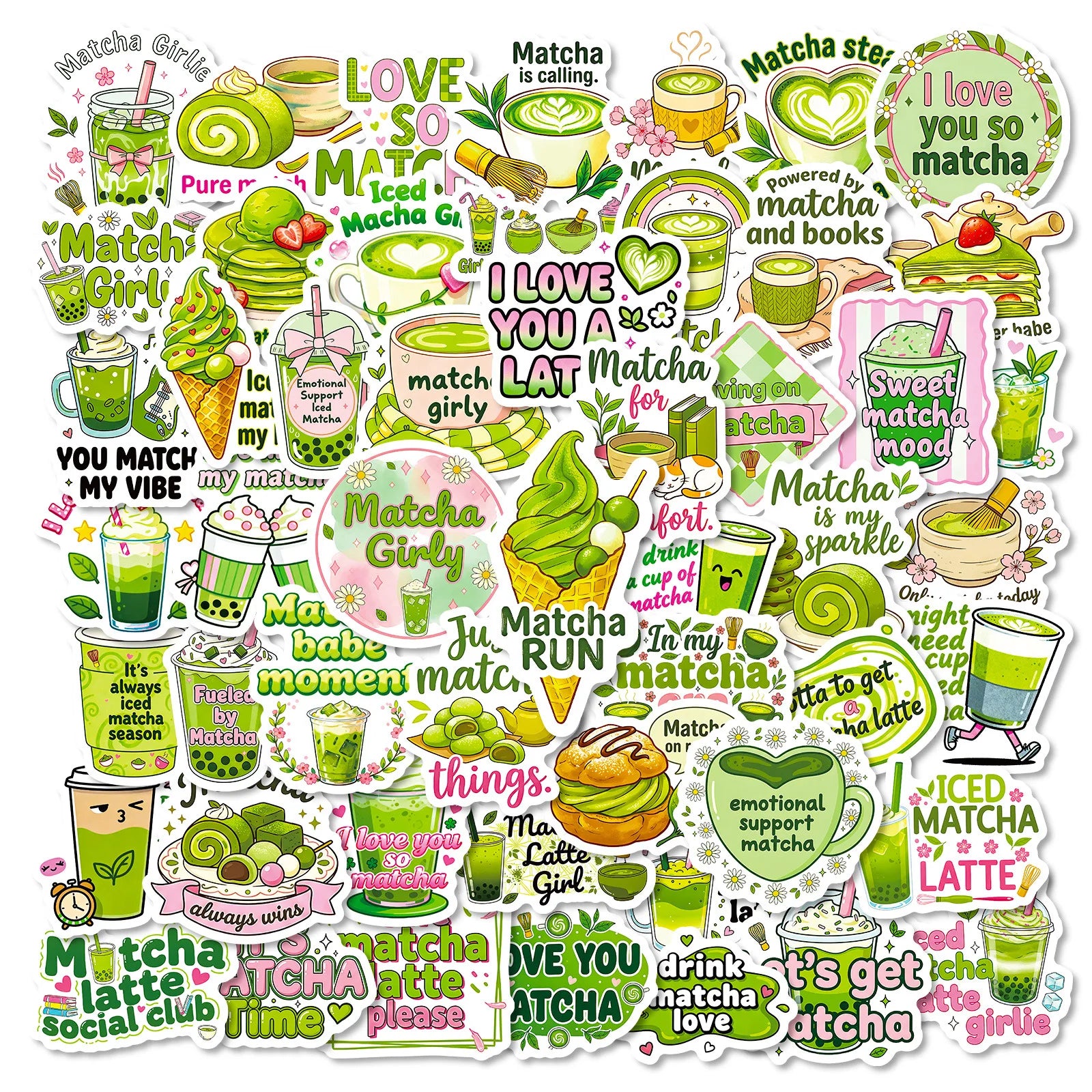 56PCS Matcha Style Cute Stickers Fun Phrase Decals Student Stationery DIY Phone Tablet Luggage Decor Aesthetic Decal Sticker