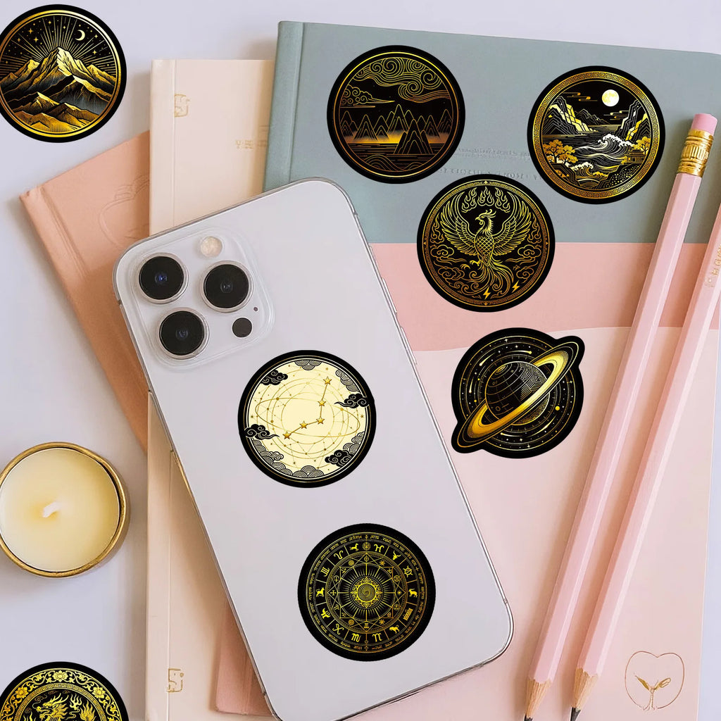 56/112Pcs Black Gold Space-themed PET Stickers - Unique Waterproof Decals for Notebook, Pencil Box, Bike, Suitcase, Laptop