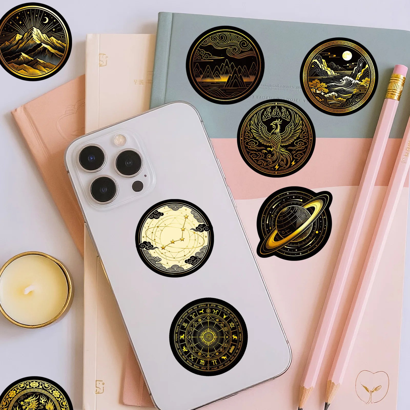 56/112Pcs Black Gold Space-themed PET Stickers - Unique Waterproof Decals for Notebook, Pencil Box, Bike, Suitcase, Laptop