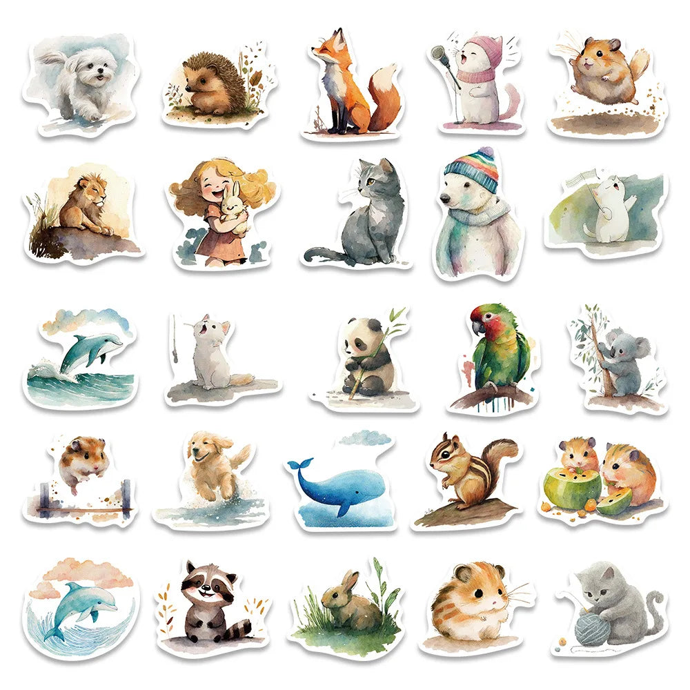 50/100 PCS Cartoon Watercolor Illustration Stickers Laptop Phone Decorative Waterproof Stationery Pen Holder Stickers