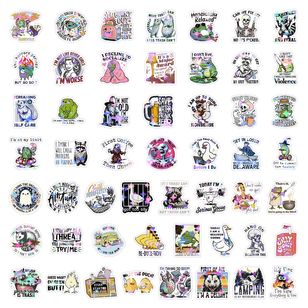 50/100PCS Holographic Funny Animal Quote Stickers, Student Stationery Notebook English Sarcasm Doodle Waterproof Decor Stickers