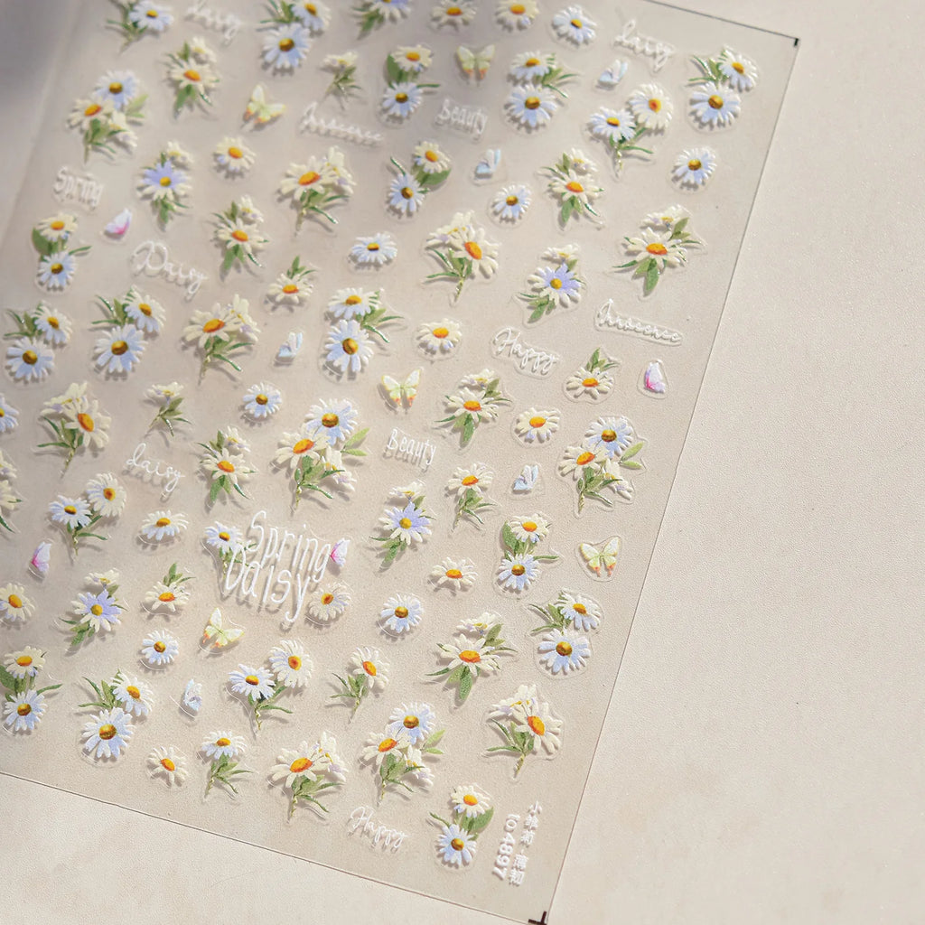 Spring Flowers Nail Charms Stickers 5D Semi-transparent Rose Daisy Flowers Self Adhesive Manicure Decorations Sticker Decals DIY